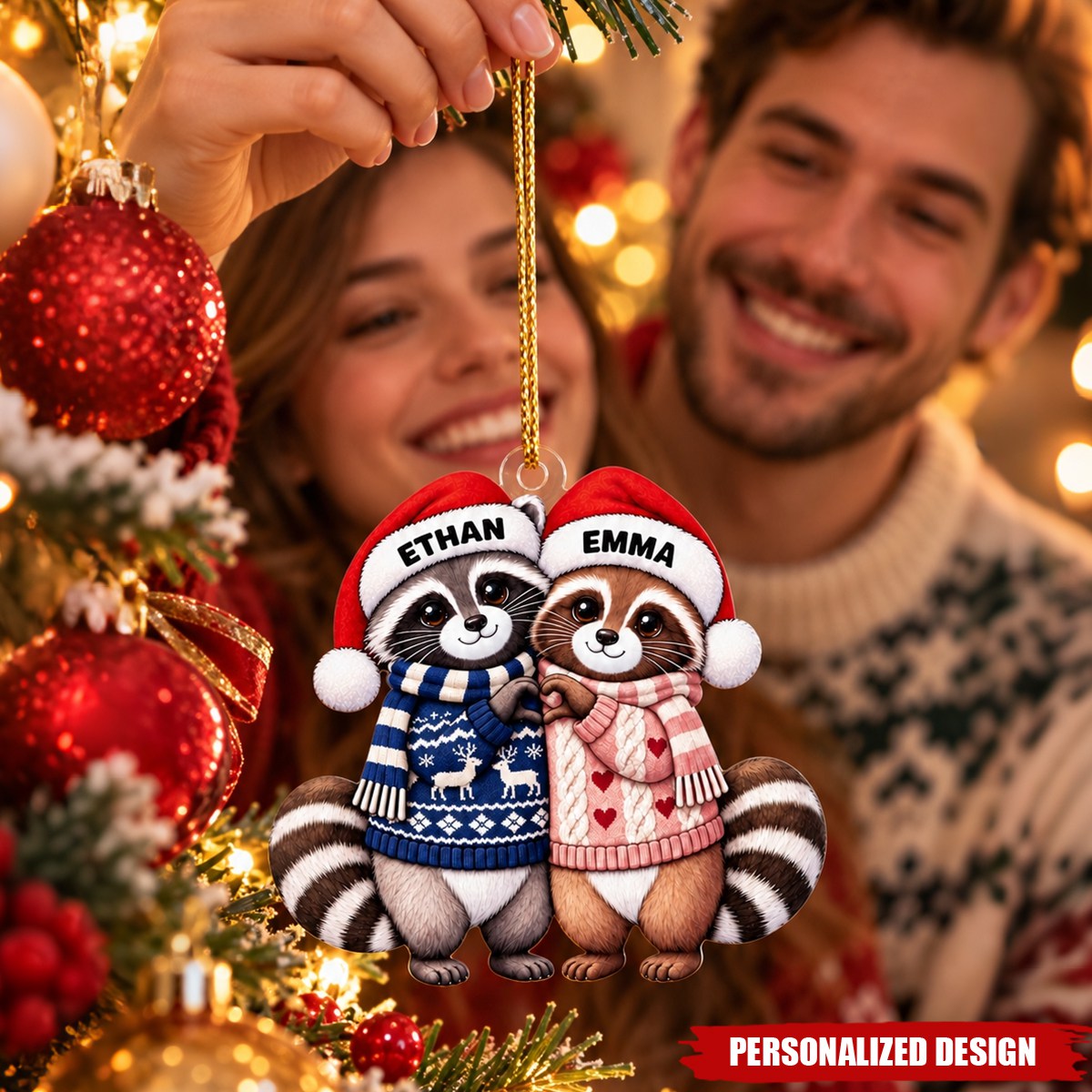 Personalized Couple Raccoon Acrylic Christmas Ornament - Custom Name Holiday Hanging Decor