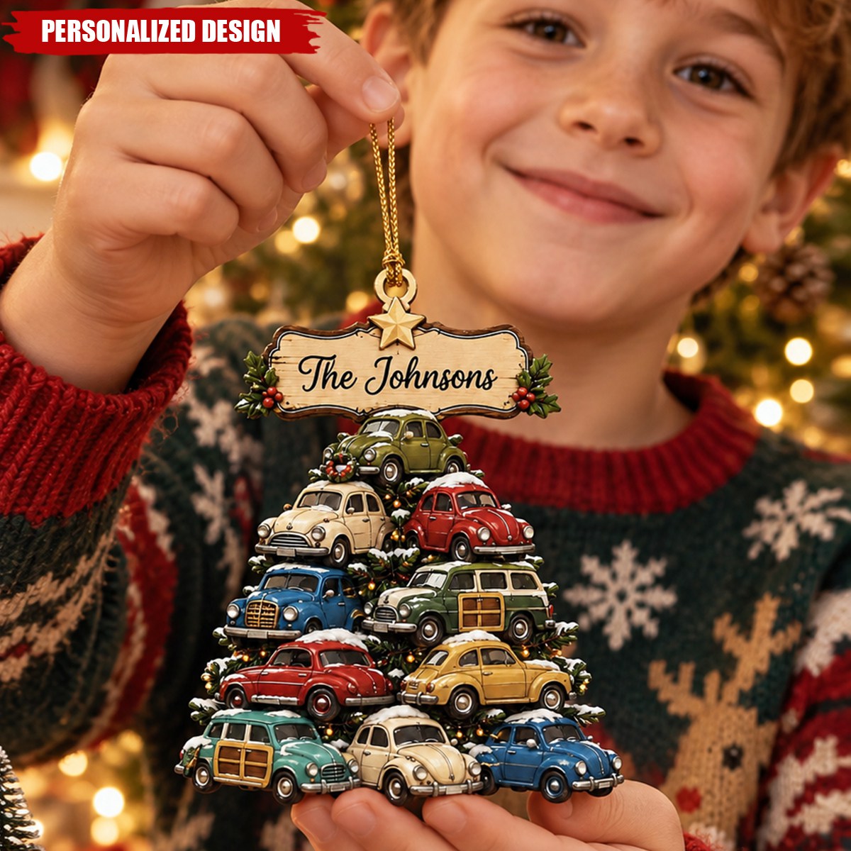 Personalized Family Name Vintage Car Tree Acrylic Ornament - Retro Cars Christmas Tree Hanging Decor