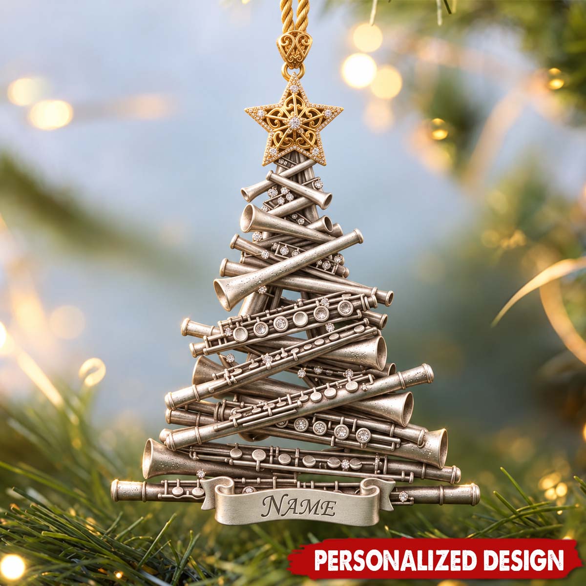 Personalized Flute Christmas Tree Acrylic Ornament - Custom Name Music Instrument Hanging Decor