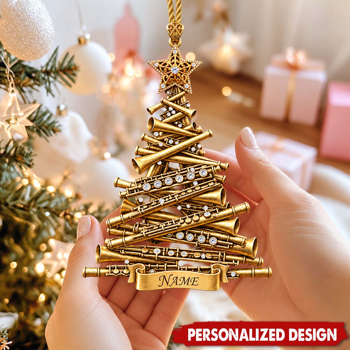 Personalized Flute Christmas Tree Acrylic Ornament - Custom Name Music Instrument Hanging Decor