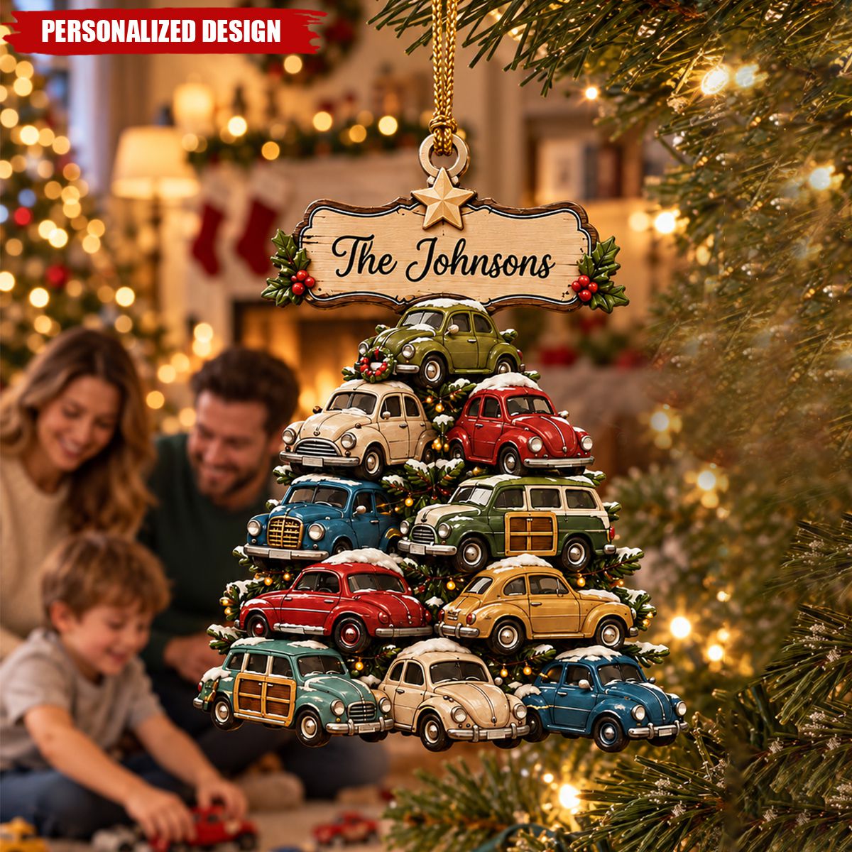 Personalized Family Name Vintage Car Tree Acrylic Ornament - Retro Cars Christmas Tree Hanging Decor