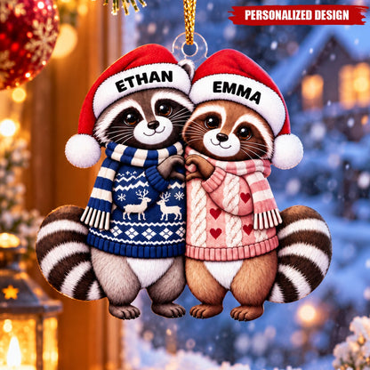 Personalized Couple Raccoon Acrylic Christmas Ornament - Custom Name Holiday Hanging Decor