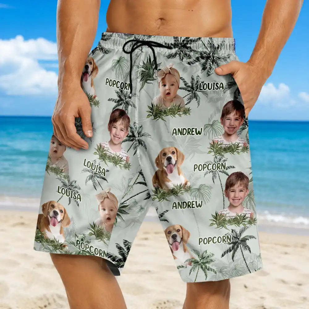Custom Photo Tropical Palm Dog Cat Kid - Personalized Unisex Beach Shorts