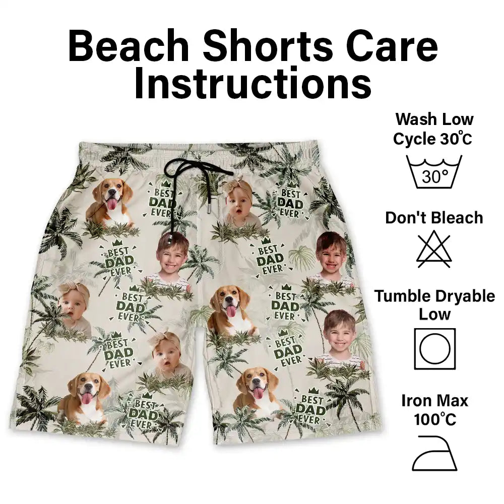 Custom Photo Best Dog Dad Ever Tropical Palm Dog Cat Kid - Personalized Unisex Beach Shorts