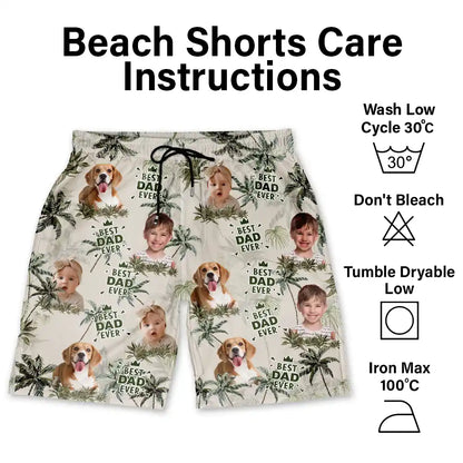 Custom Photo Best Dog Dad Ever Tropical Palm Dog Cat Kid - Personalized Unisex Beach Shorts