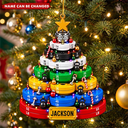 Personalized Weight Plate Acrylic Christmas Ornament, Custom Gym Name Barbell Decor, Fitness Lover Tree Keepsake Gift