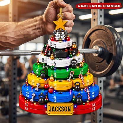 Personalized Weight Plate Acrylic Christmas Ornament, Custom Gym Name Barbell Decor, Fitness Lover Tree Keepsake Gift