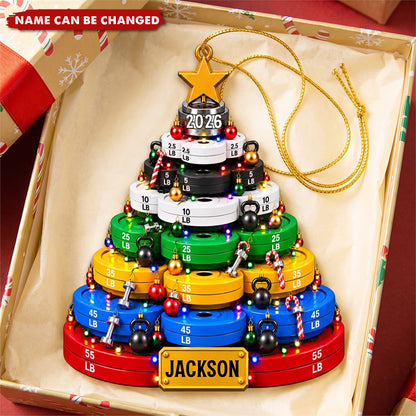 Personalized Weight Plate Acrylic Christmas Ornament, Custom Gym Name Barbell Decor, Fitness Lover Tree Keepsake Gift