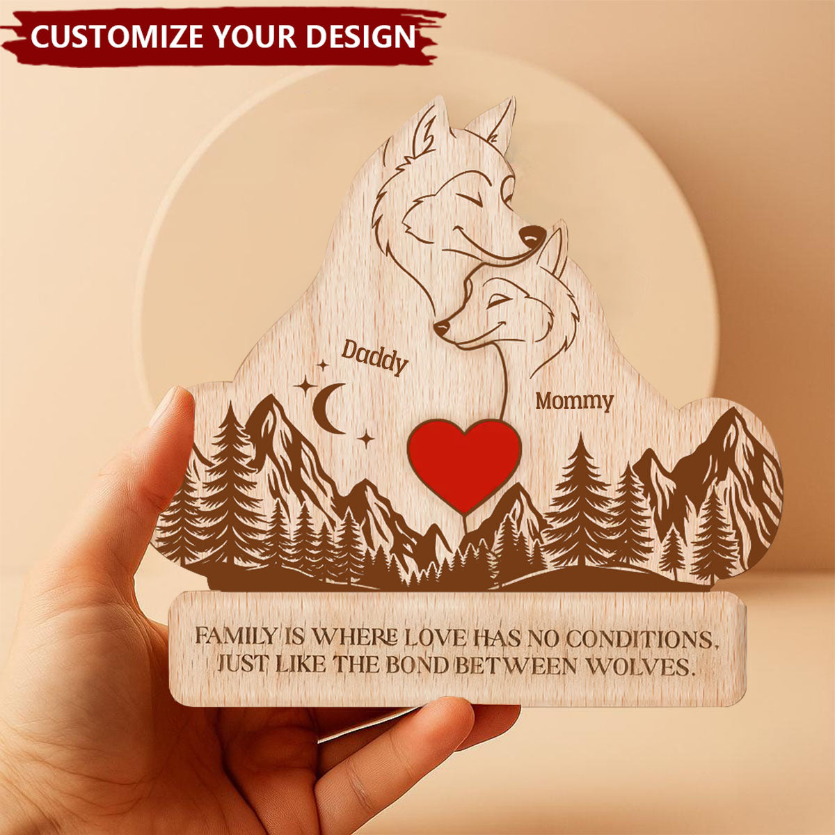 Wooden Wolf Family With Names - Personalized Wooden Wolf Family Puzzle