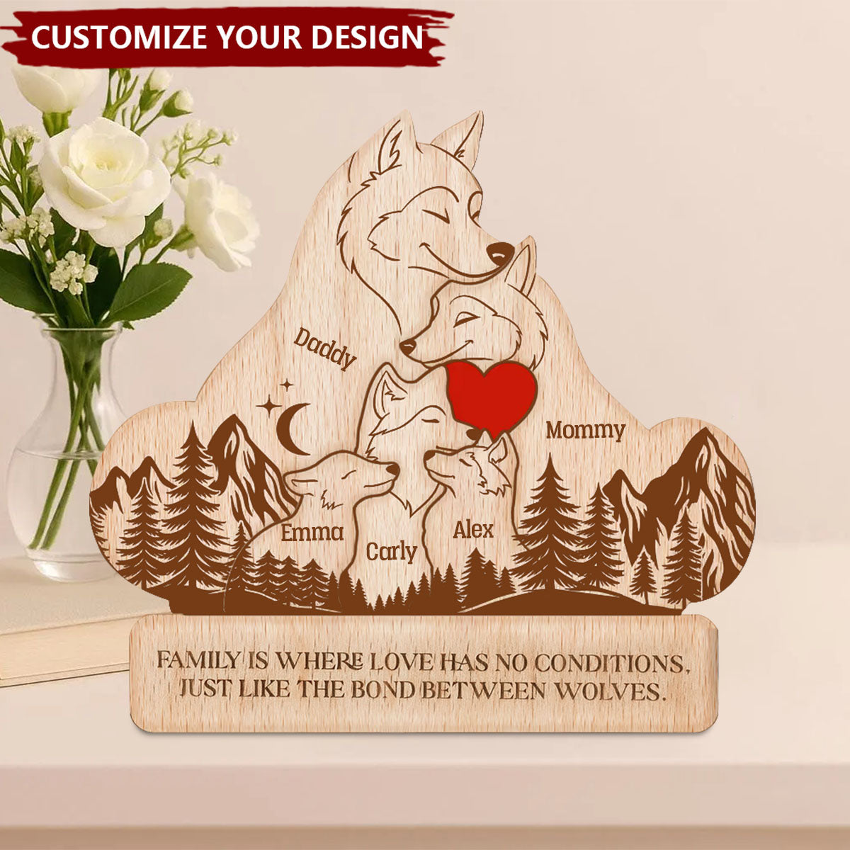 Wooden Wolf Family With Names - Personalized Wooden Wolf Family Puzzle