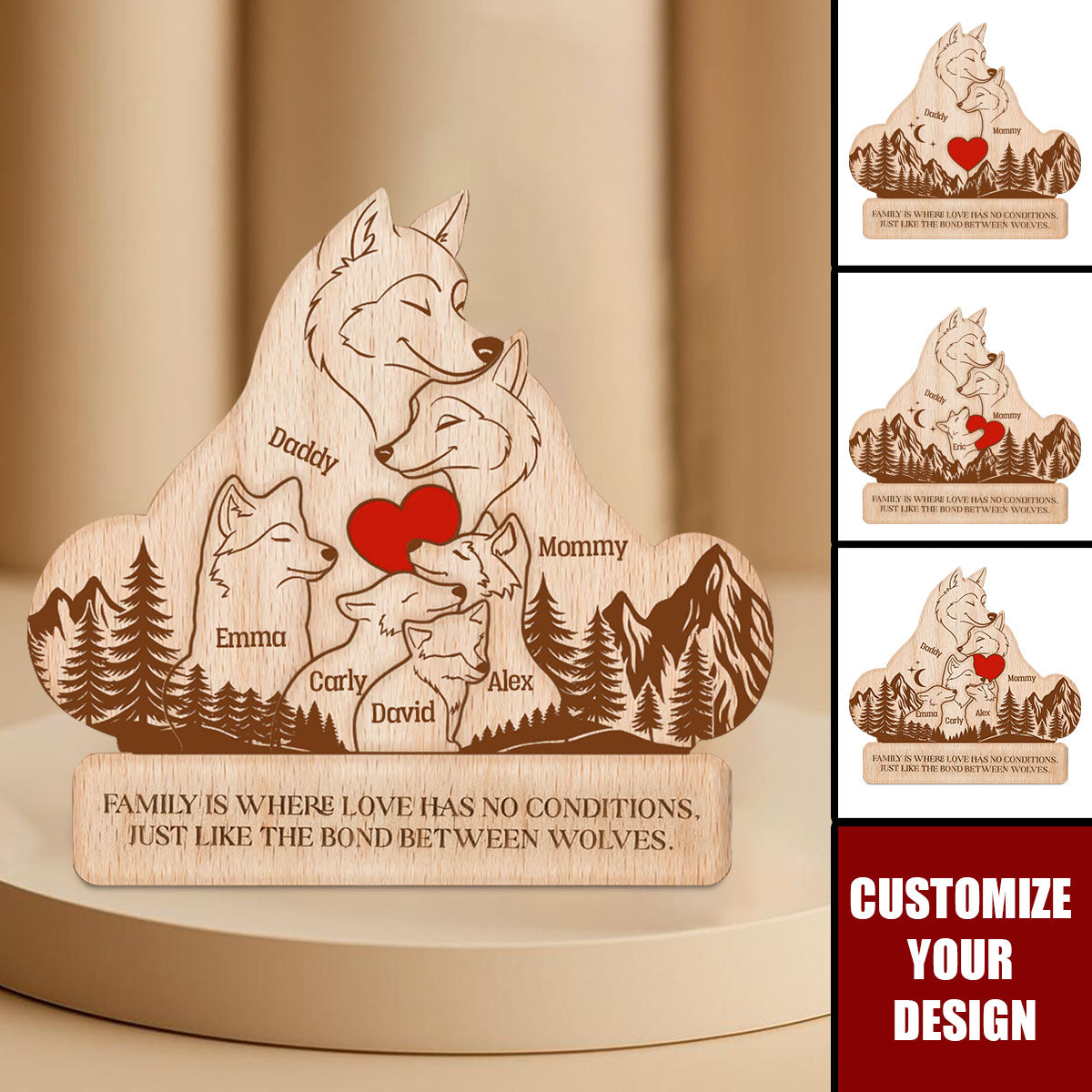 Wooden Wolf Family With Names - Personalized Wooden Wolf Family Puzzle