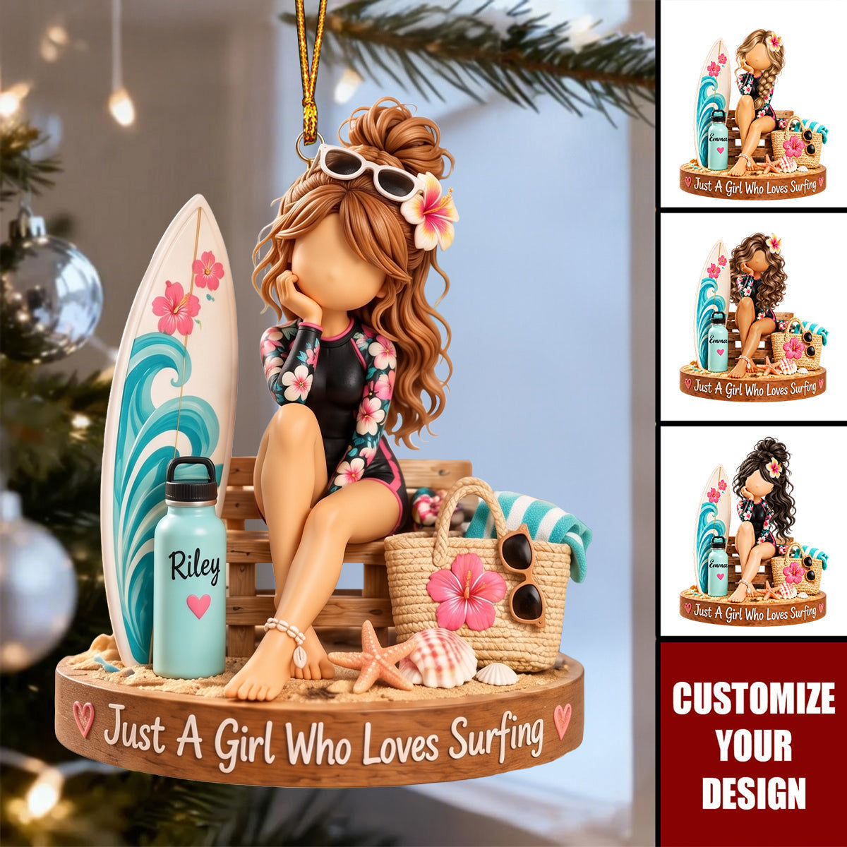 Personalized Surfing Ornament - Custom Name Surfer Girl Gift