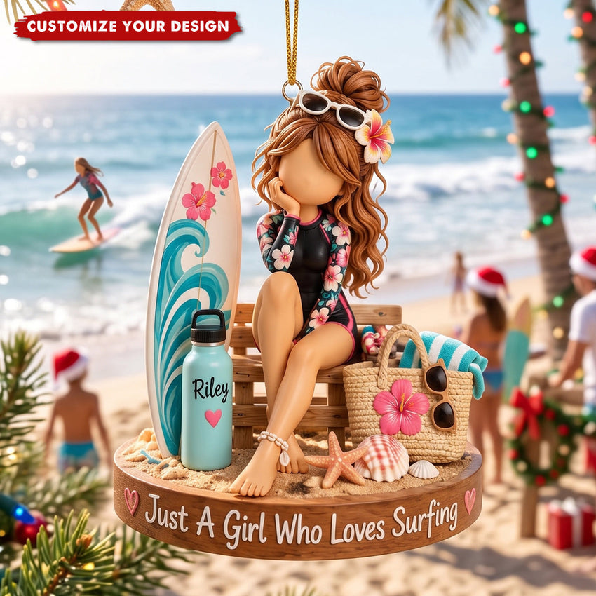 Personalized Surfing Ornament - Custom Name Surfer Girl Gift