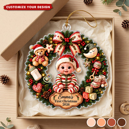 Personalized Baby 1st Christmas Acrylic Wreath Ornament, Custom Baby Name Christmas Keepsake