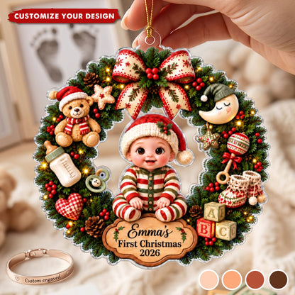 Personalized Baby 1st Christmas Acrylic Wreath Ornament, Custom Baby Name Christmas Keepsake