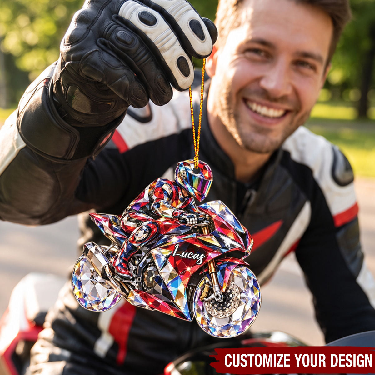 Personalized Motorcycle Acrylic Ornament, Custom Name Diamond Biker Christmas Decor
