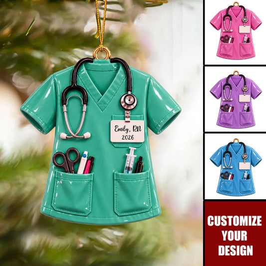 Personalized Nurse Scrub Christmas Acrylic Ornament, Custom Uniform Keepsake