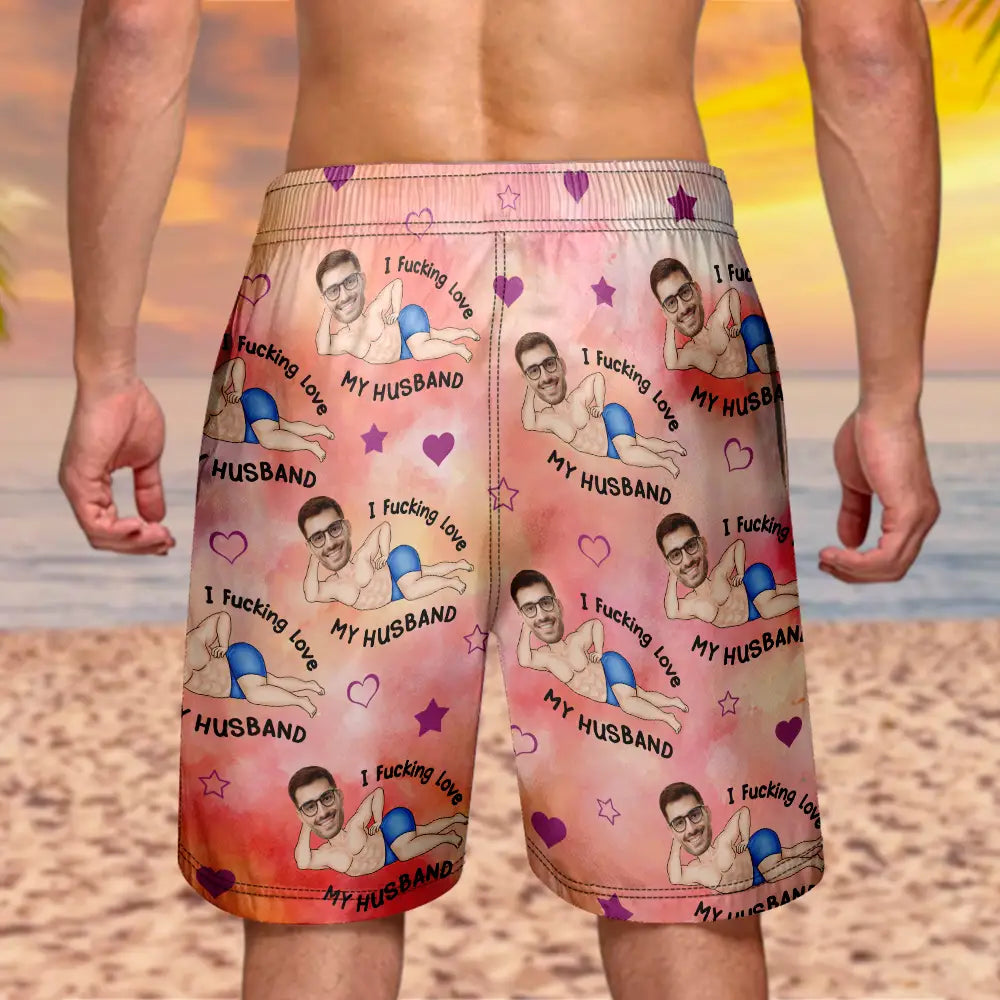 Custom Photo I Fuking Love My Wife - Personalized Unisex Beach Shorts