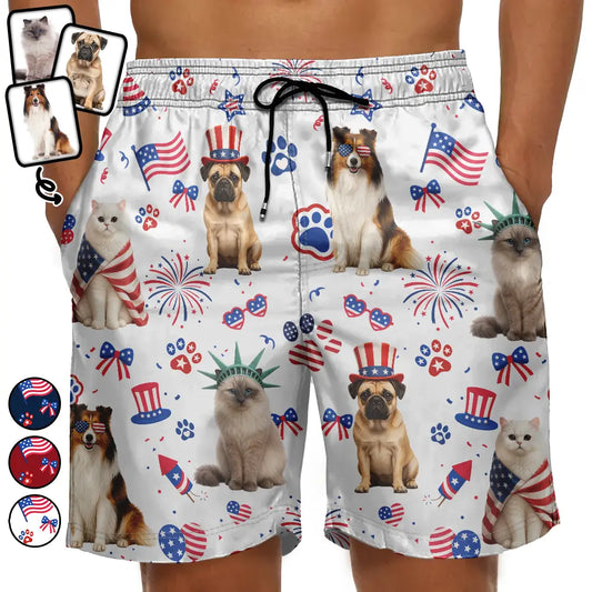 Custom Photo 3D Cartoon With US Accessories Happy Summer Dog Cat Pet - Personalized Unisex Beach Shorts