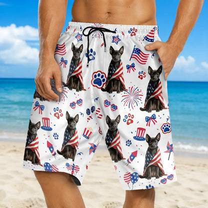 Custom Photo 3D Cartoon With US Accessories Happy Summer Dog Cat Pet - Personalized Unisex Beach Shorts