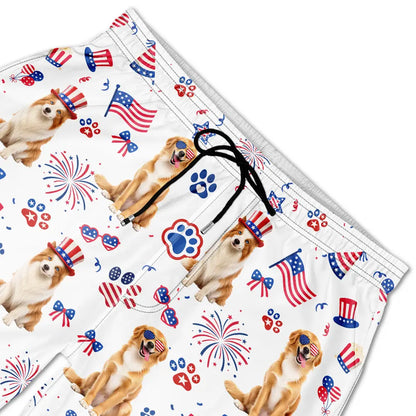 Custom Photo 3D Cartoon With US Accessories Happy Summer Dog Cat Pet - Personalized Unisex Beach Shorts