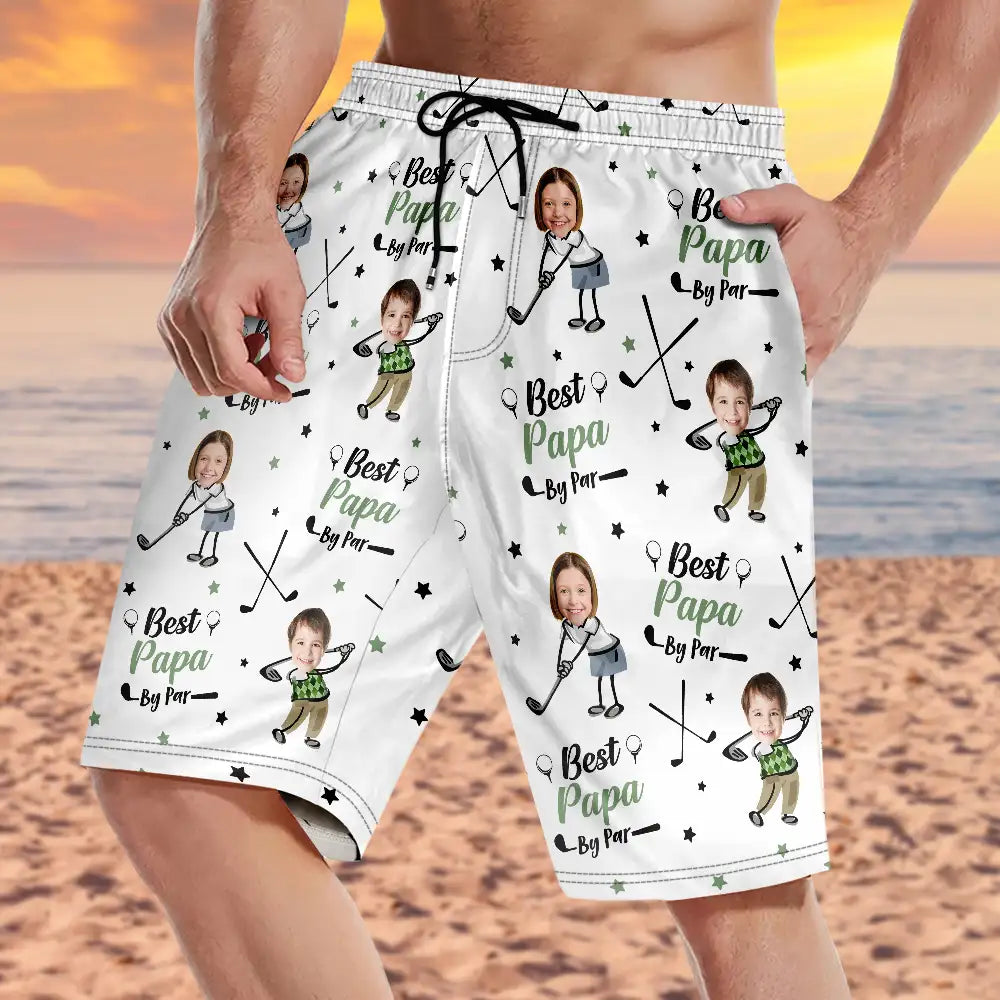 Custom Photo Best Dad Papa By Par Funny Kids - Personalized Unisex Beach Shorts