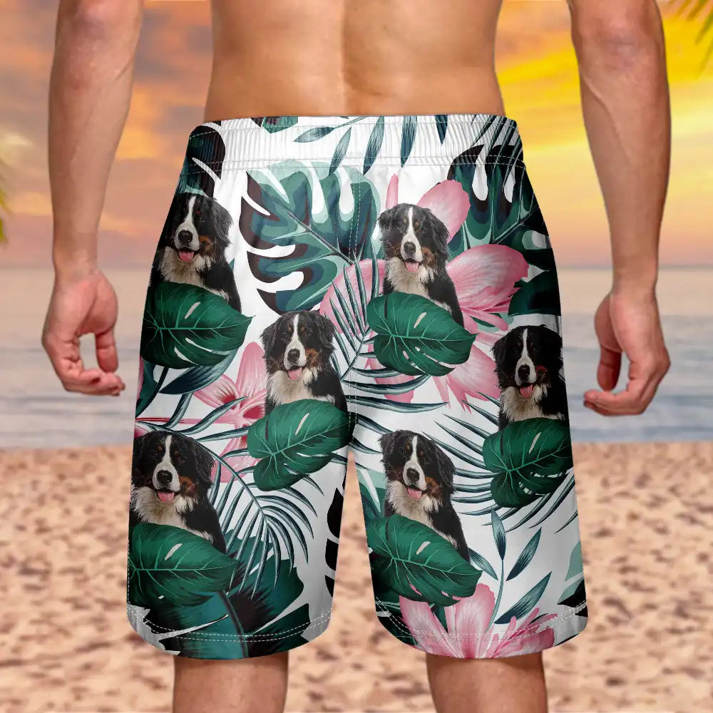 Custom Photo Human And Pet Face Tropical - Personalized Unisex Beach Shorts