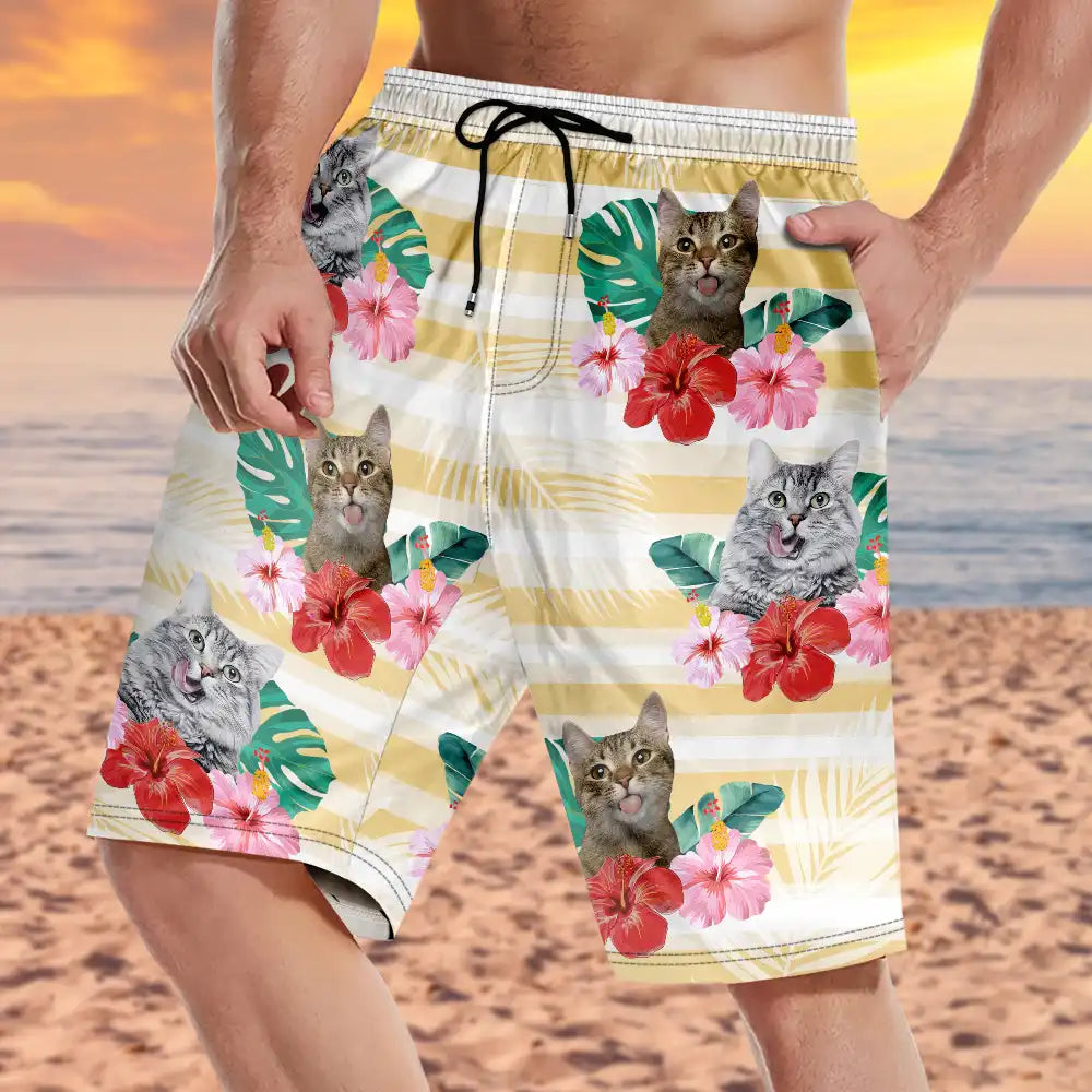 Custom Photo Human And Pet Face Tropical Striped - Personalized Unisex Beach Shorts