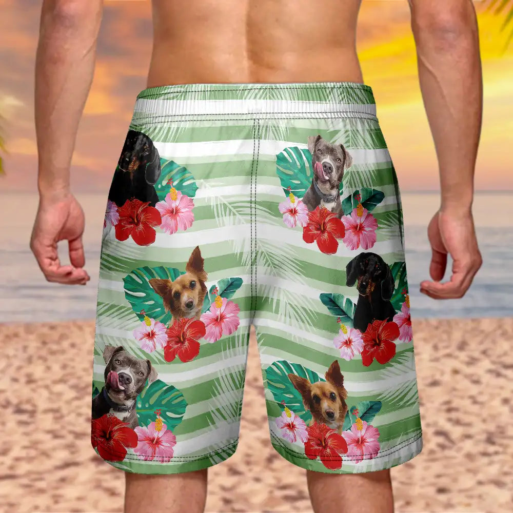 Custom Photo Human And Pet Face Tropical Striped - Personalized Unisex Beach Shorts