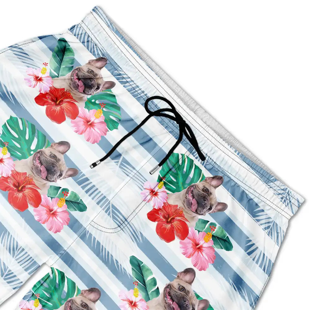 Custom Photo Human And Pet Face Tropical Striped - Personalized Unisex Beach Shorts