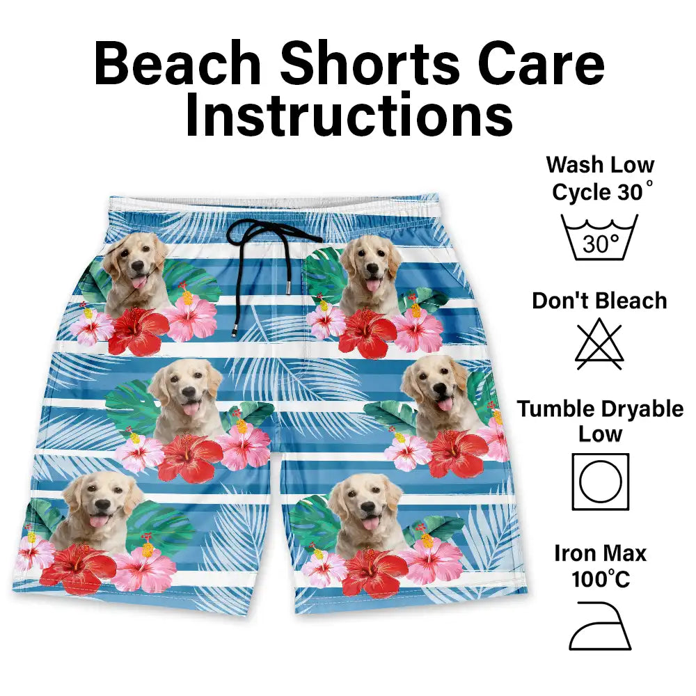 Custom Photo Human And Pet Face Tropical Striped - Personalized Unisex Beach Shorts