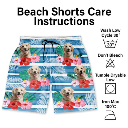 Custom Photo Human And Pet Face Tropical Striped - Personalized Unisex Beach Shorts