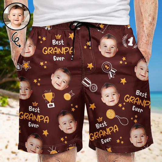 Custom Photo Best Papa Ever Trophy Dad - Personalized Unisex Beach Shorts