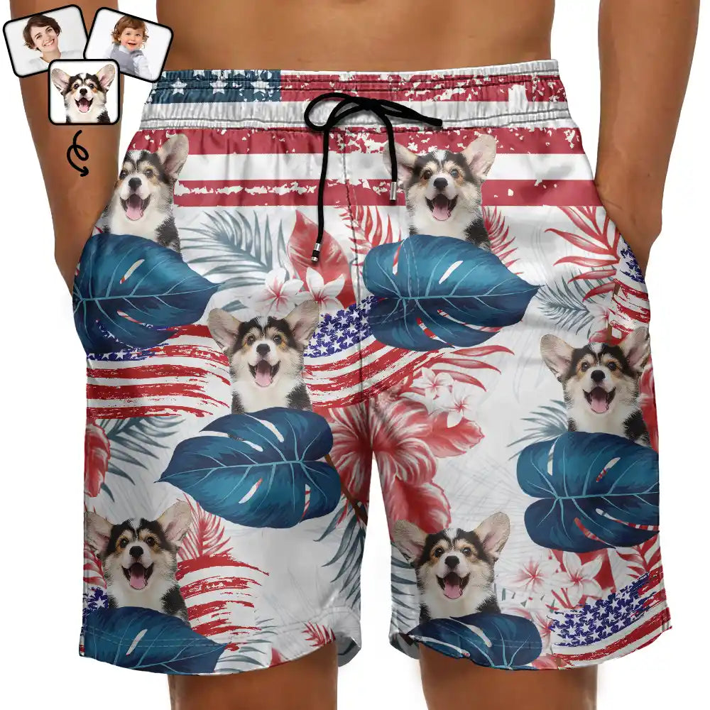 Custom Photo Funny Family Pet Face Stars And Stripes - Gift For Men, Dog And Cat Lovers - Personalized Custom Unisex Beach Shorts