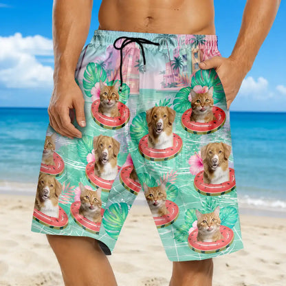 Custom Photo Dog Cat Kid Summer Poolside - Personalized Unisex Beach Shorts