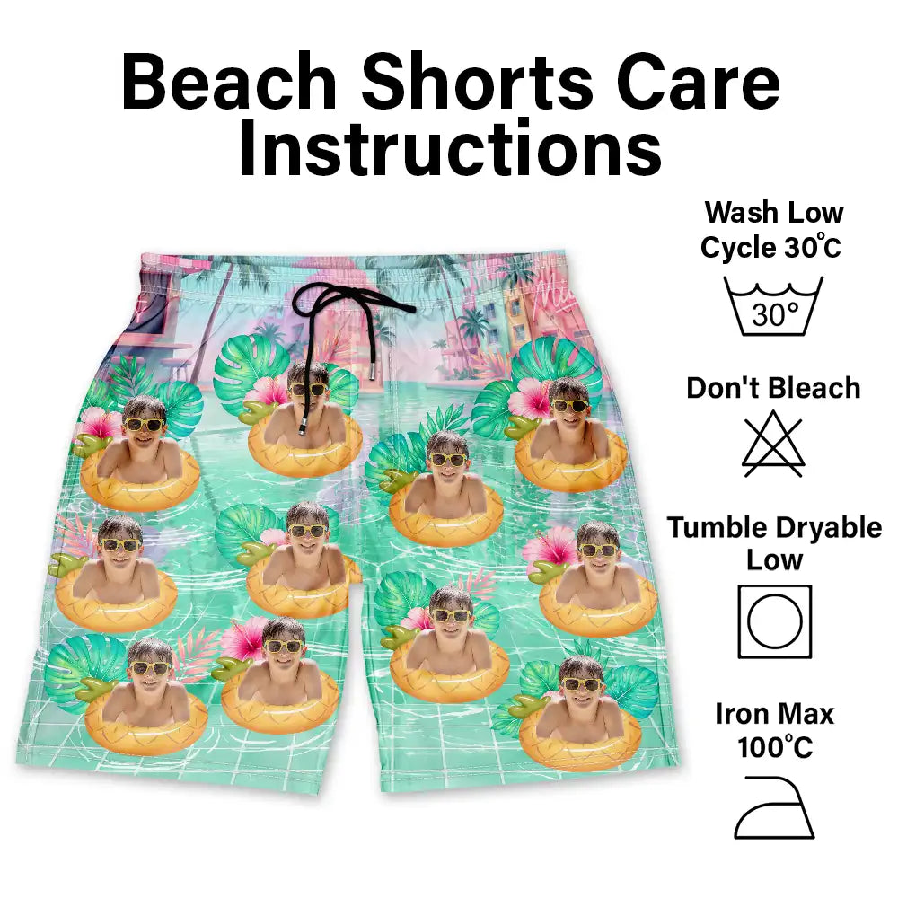 Custom Photo Dog Cat Kid Summer Poolside - Personalized Unisex Beach Shorts