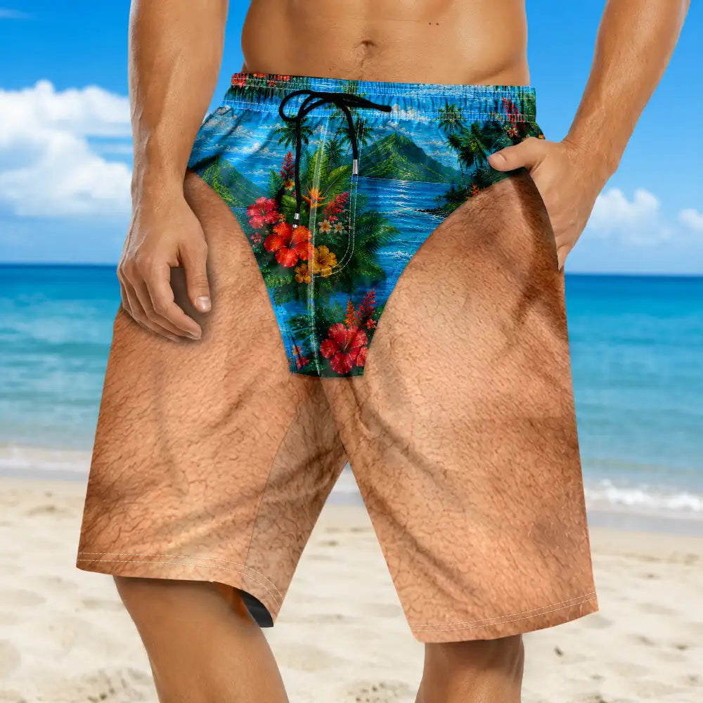 Funny Men Swim Trunks Tropical Pattern - Personalized Unisex Beach Shorts