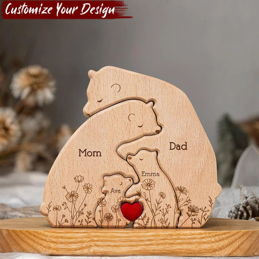 Hugging Bear Family Floral Version - Personalized Wooden Bear Family Puzzle