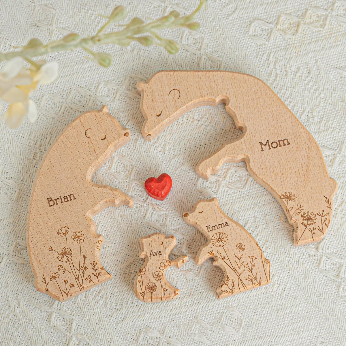 Hugging Bear Family Floral Version - Personalized Wooden Bear Family Puzzle
