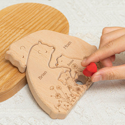 Hugging Bear Family Floral Version - Personalized Wooden Bear Family Puzzle