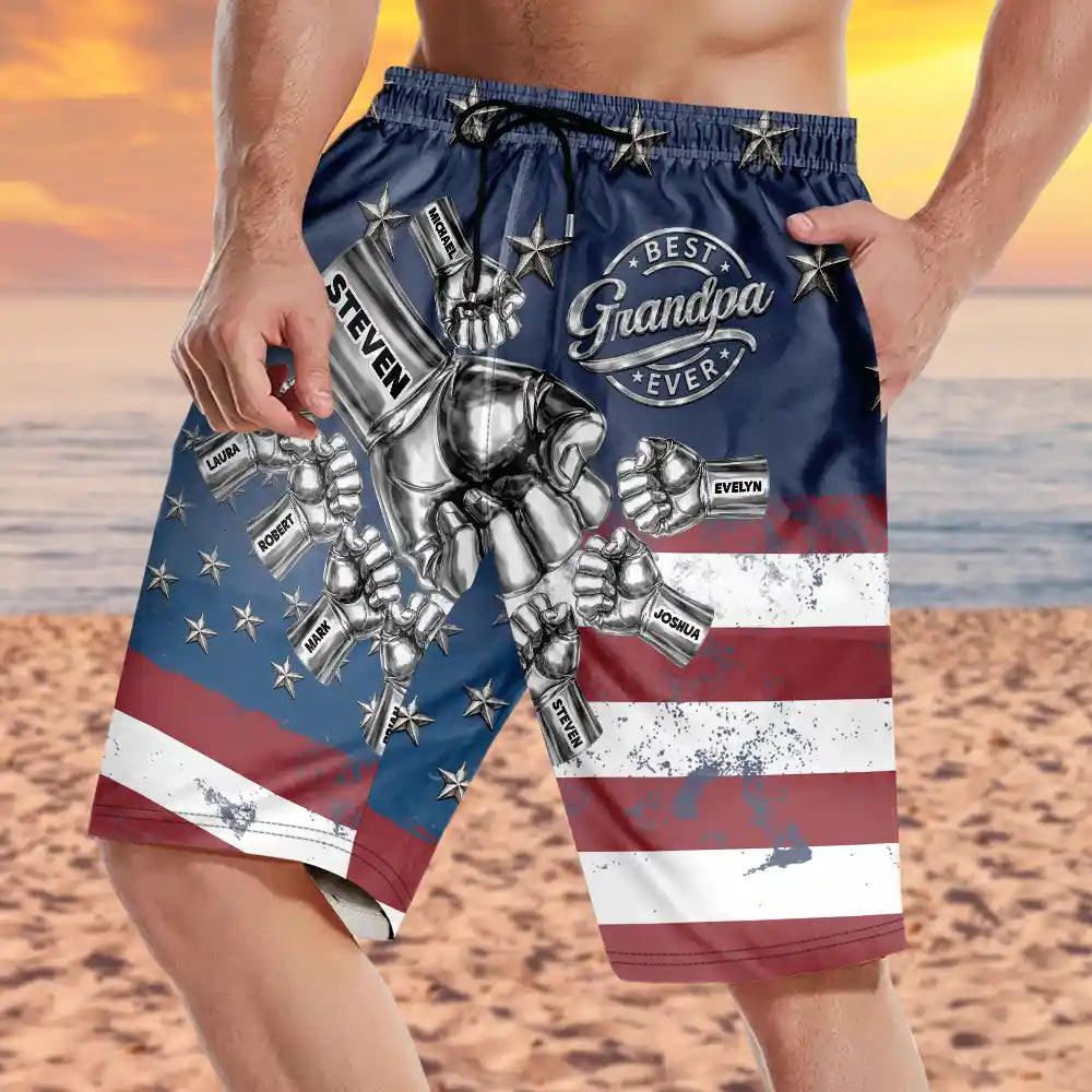 Metal Effect Best Dad Grandpa Ever - Personalized Unisex Beach Shorts
