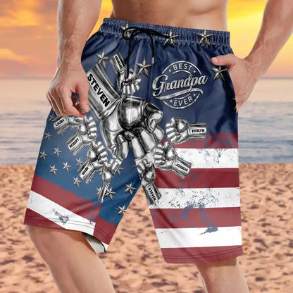 Metal Effect Best Dad Grandpa Ever - Personalized Unisex Beach Shorts