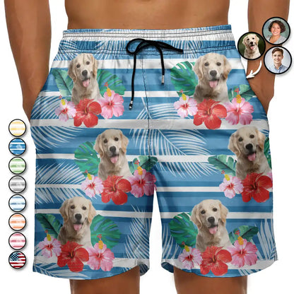 Custom Photo Human And Pet Face Tropical Striped - Personalized Unisex Beach Shorts