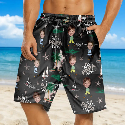 Custom Photo Best Dad Ever Palm Tree And Sailing - Personalized Unisex Beach Shorts