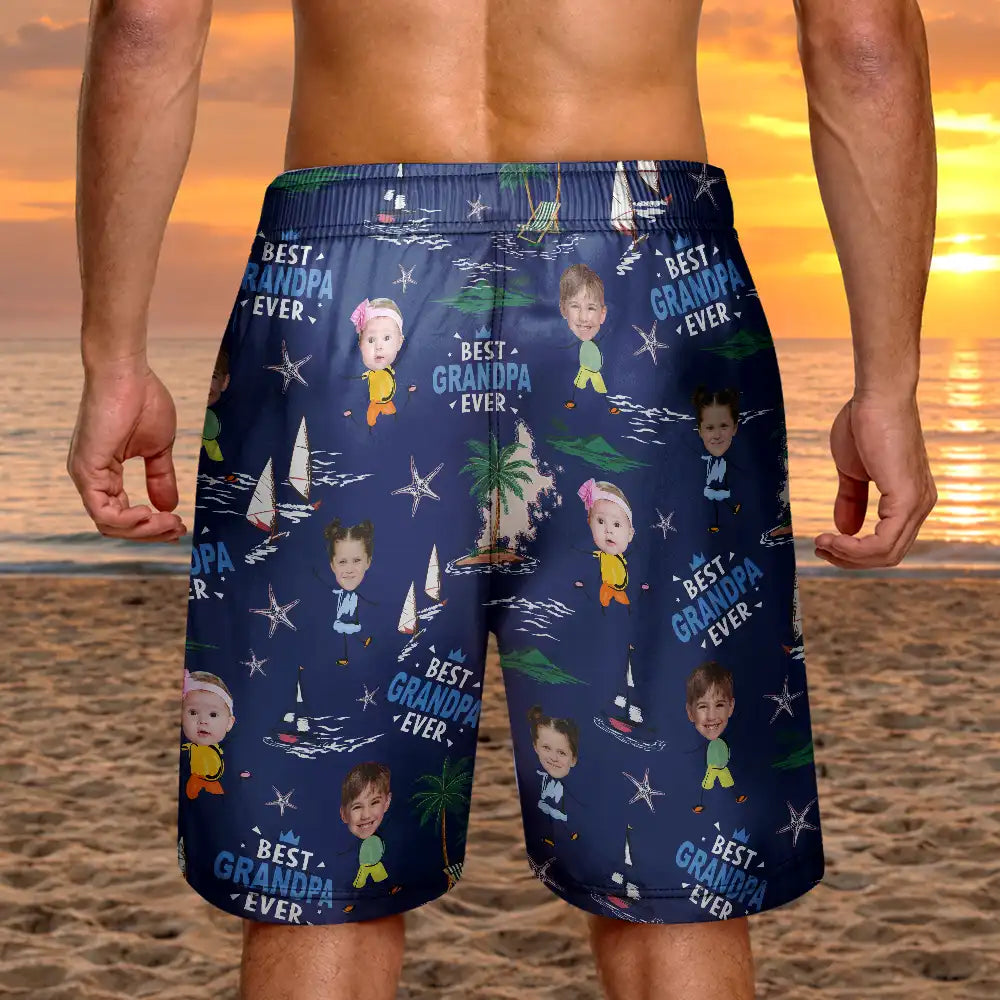 Custom Photo Best Dad Ever Palm Tree And Sailing - Personalized Unisex Beach Shorts