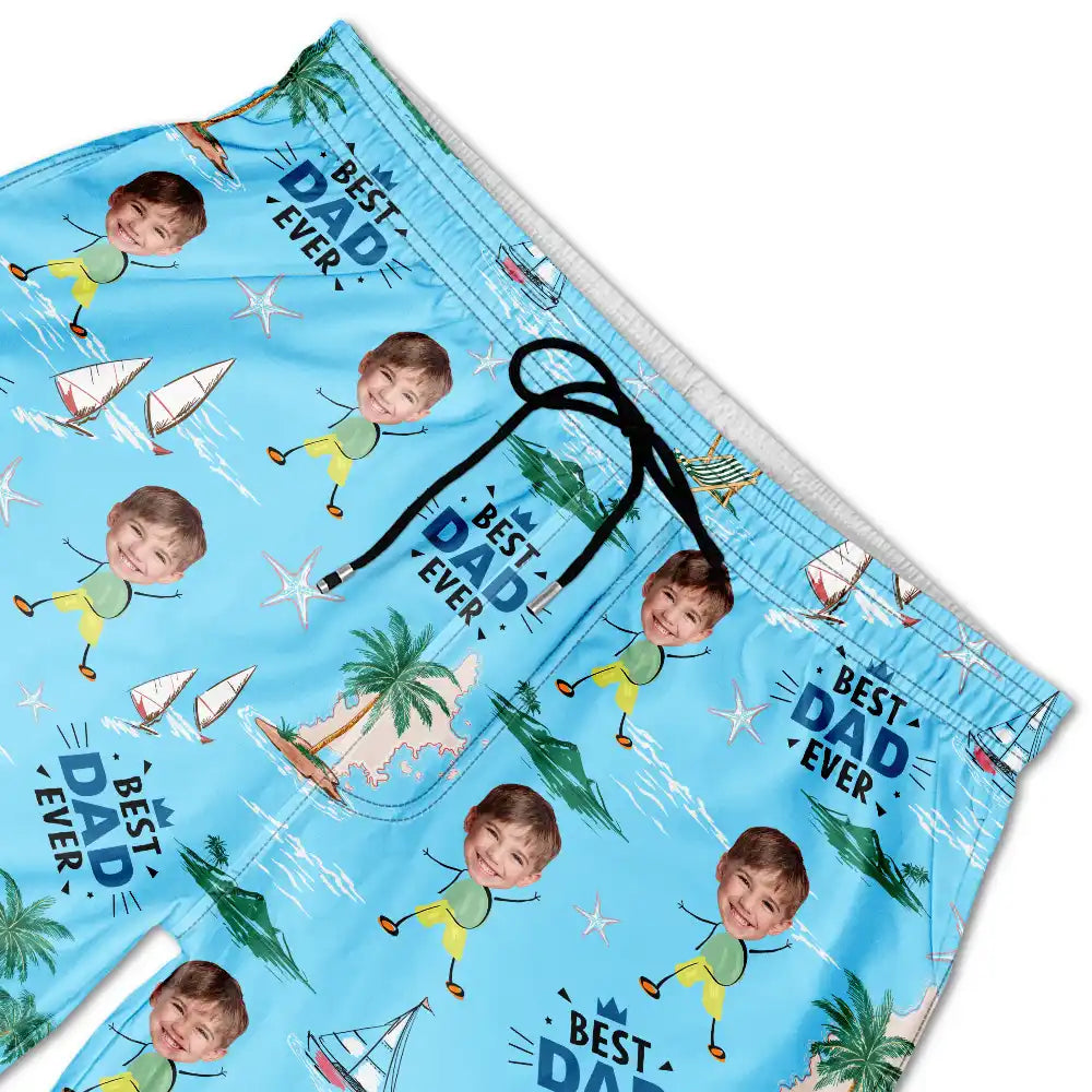 Custom Photo Best Dad Ever Palm Tree And Sailing - Personalized Unisex Beach Shorts