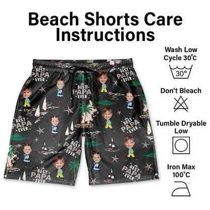 Custom Photo Best Dad Ever Palm Tree And Sailing - Personalized Unisex Beach Shorts