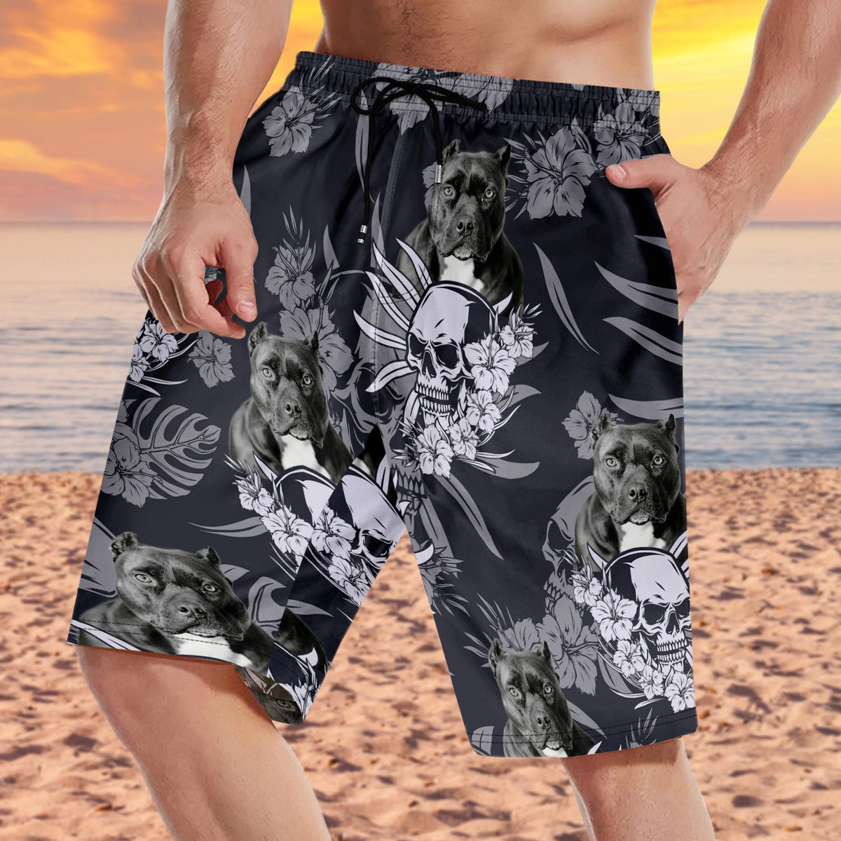 Custom Photo Skull Family Pet Face Tropical Leaf - Gift For Men, Dog And Cat Lovers - Personalized Custom Unisex Beach Shorts