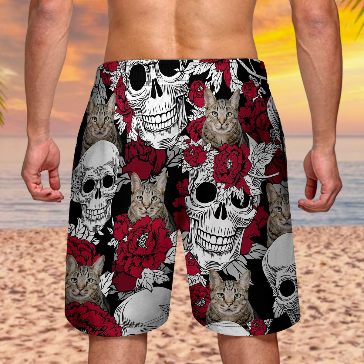 Custom Photo Skull Family Pet Face Tropical Leaf - Gift For Men, Dog And Cat Lovers - Personalized Custom Unisex Beach Shorts