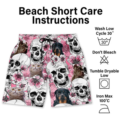 Custom Photo Skull Family Pet Face Tropical Leaf - Gift For Men, Dog And Cat Lovers - Personalized Custom Unisex Beach Shorts
